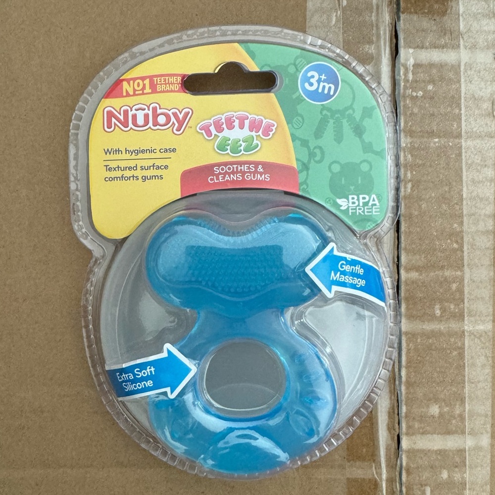 3 Nuby Silicone Teethe-EEZ Teether with Bristles, Includes Hygienic Case, Blue
